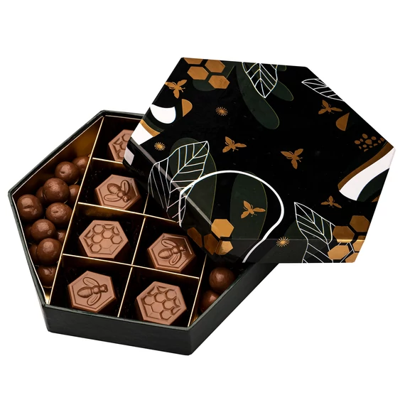 Honeybee praliné szett 146g, egyedi grafikájú méhsejt alakú dobozban