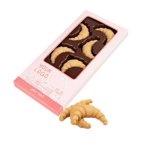Croissant alakú csokoládé szett 84g, egyedi grafikájú papírdobozban
