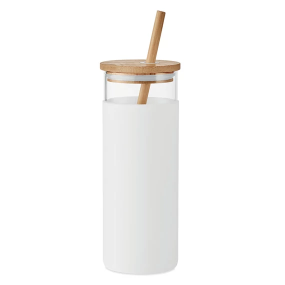 STRASS - Üveg pohár bambusz fedél 450ml - Fehér