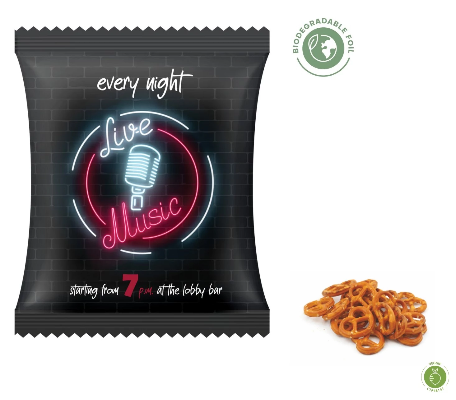 Snack zacskó pereccel, egyedi grafikájú tasakban