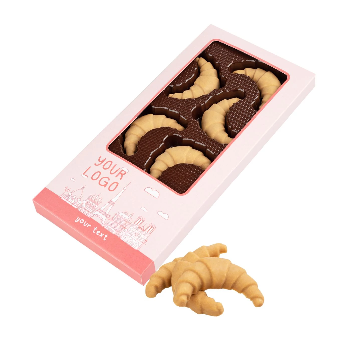 Croissant alakú csokoládé szett 84g, egyedi grafikájú papírdobozban